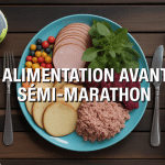 alimentation avant semi marathon assiette pâtes légumes chaussures