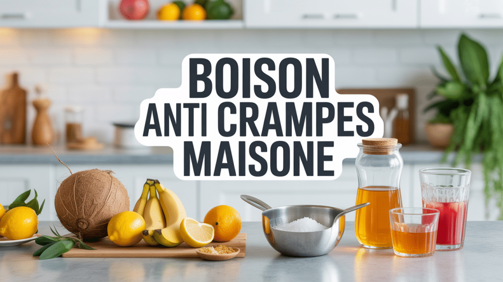 Ingrédients pour boisson anti crampes maison sur plan de travail