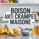 Ingrédients pour boisson anti crampes maison sur plan de travail