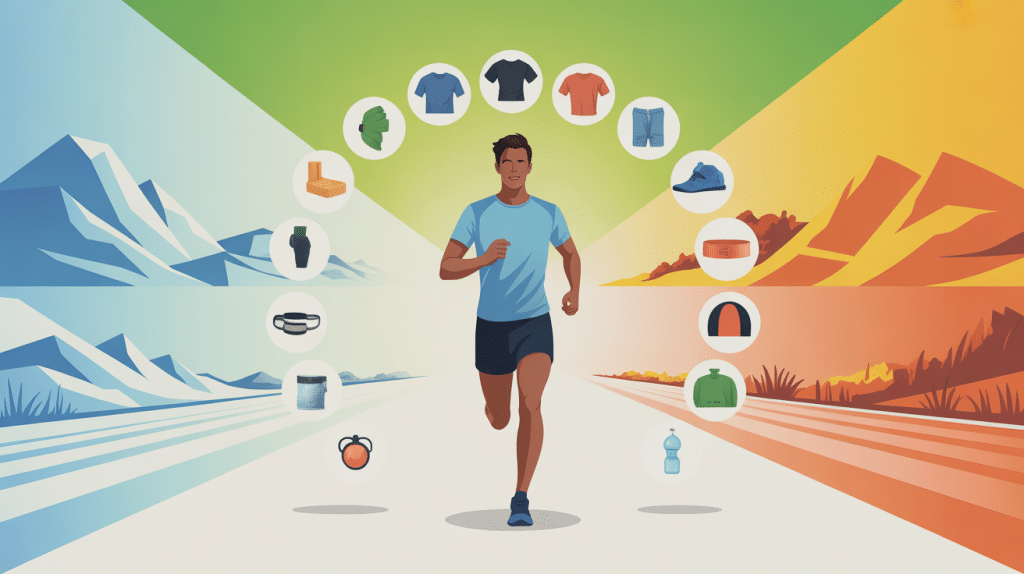 Illustration de tenue de running pour homme avec équipements et saisons