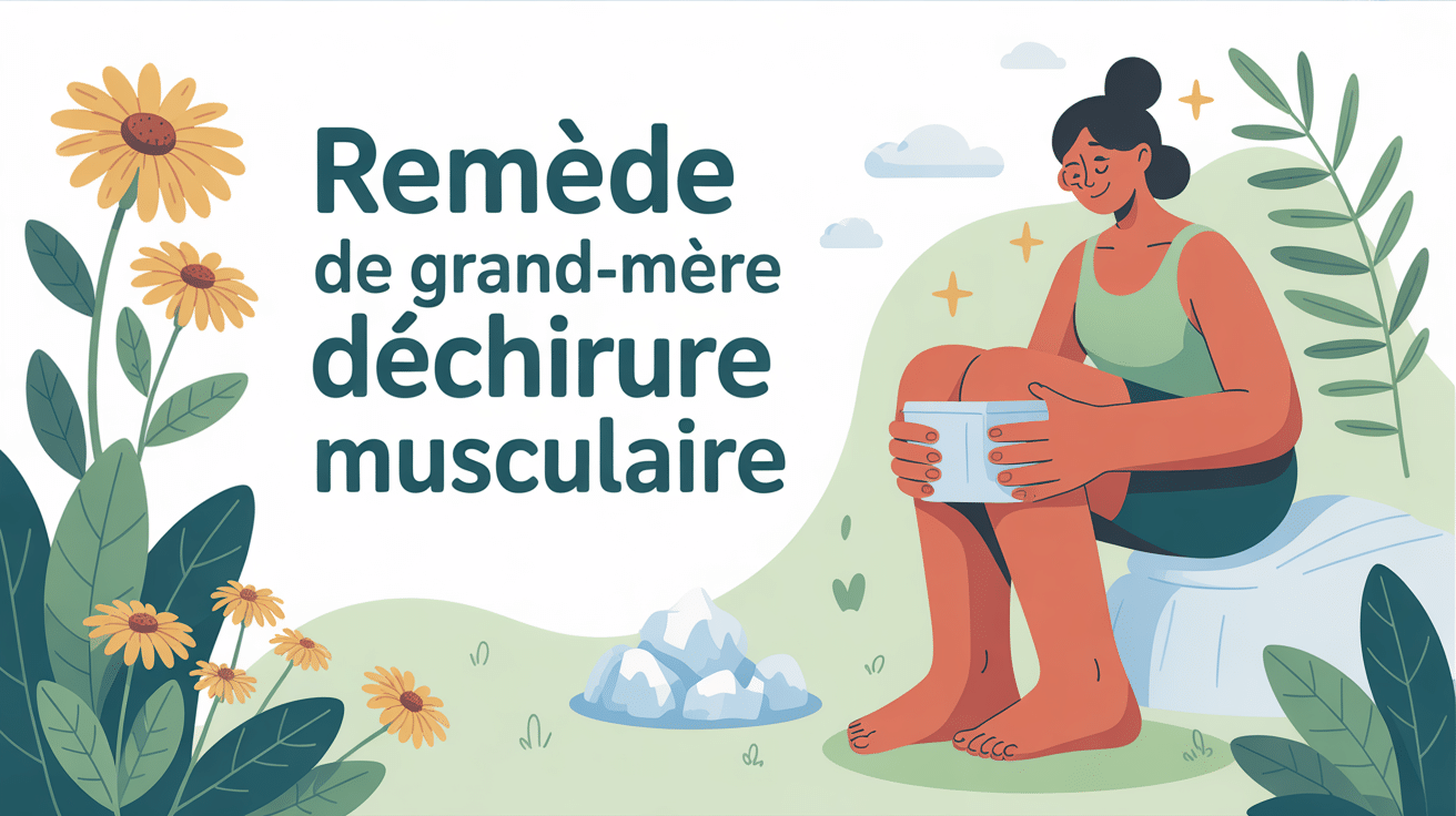 Illustration déchirure musculaire remède de grand-mère avec glace et plantes