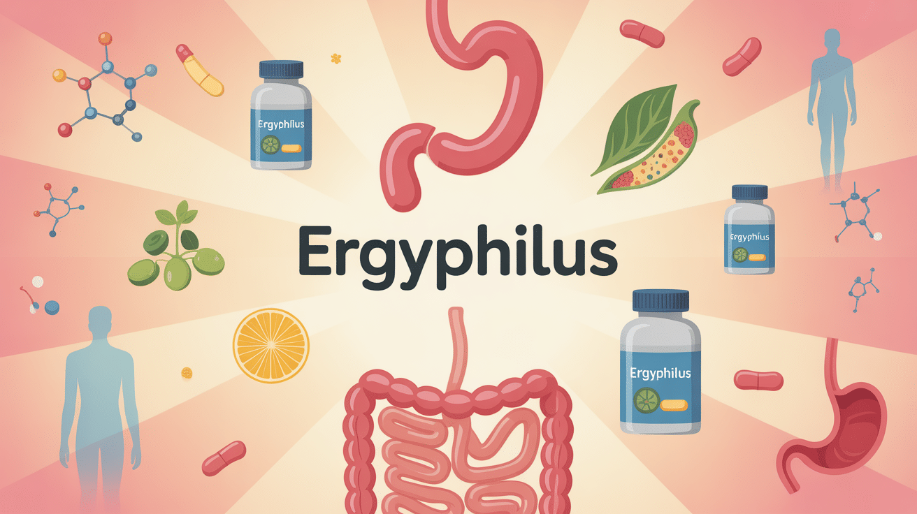 Illustration Ergyphilus probiotiques, boîtes et microbiote