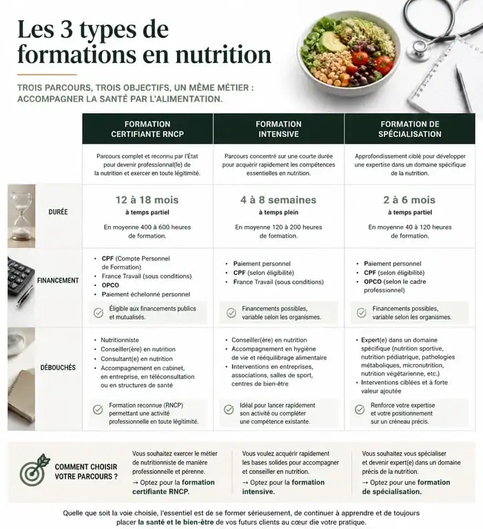 Comparatif des formations pour devenir coach en nutrition : RNCP, intensive et spécialisation