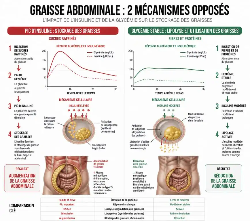 Infographie sur les mécanismes métaboliques pour maigrir du ventre et réduire la graisse abdominale par l'alimentation