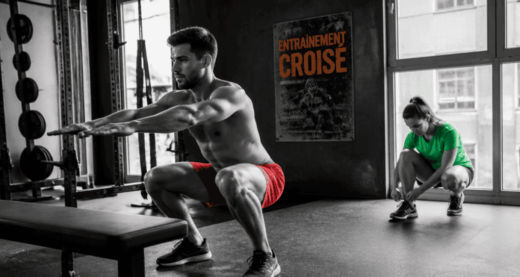 Homme squat et femme running, jogging et musculation