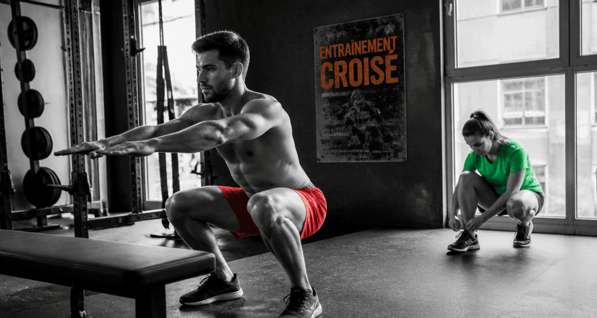 Homme squat et femme running, jogging et musculation