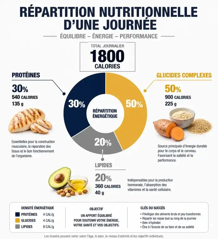 Infographie de la répartition des macronutriments pour un régime de 1800 calories par jour
