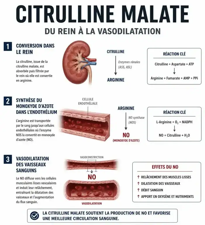 Schéma du mécanisme d'action de la citrulline malate pour la fonction érectile et la vasodilatation