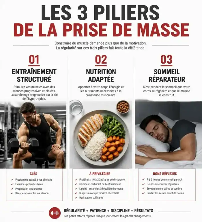 Infographie des trois piliers pour réussir son programme prise de masse débutant : entraînement, nutrition et récupération