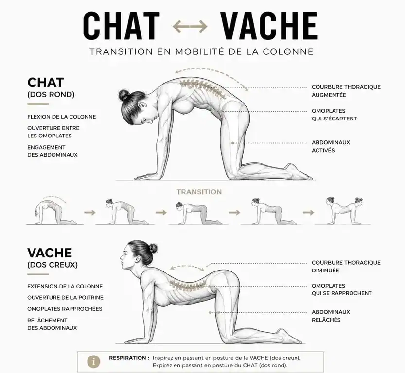Schéma illustrant la posture du chat et de la vache en yoga pour améliorer la souplesse du dos