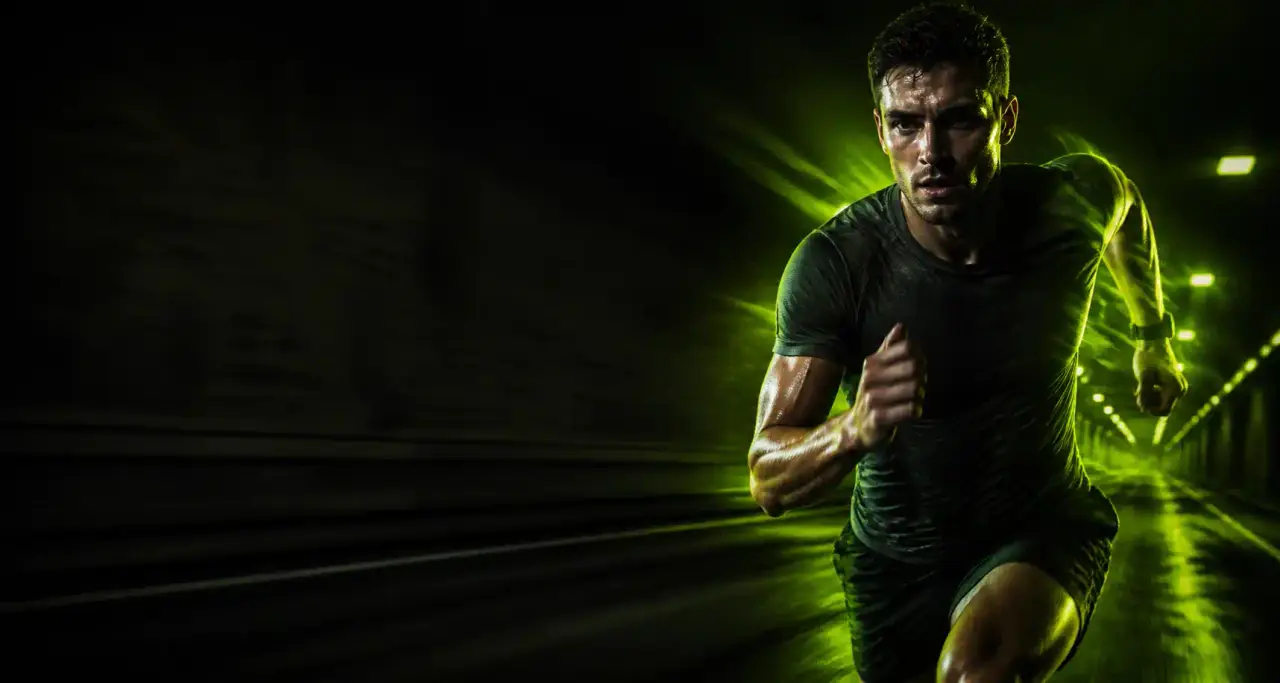 Coureur en plein effort dans un tunnel sombre, énergie et vitesse