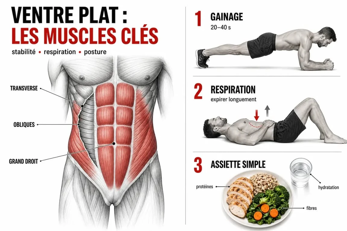 Ventre plat et abdos : schéma éditorial des muscles abdominaux, des exercices clés et des repères alimentaires