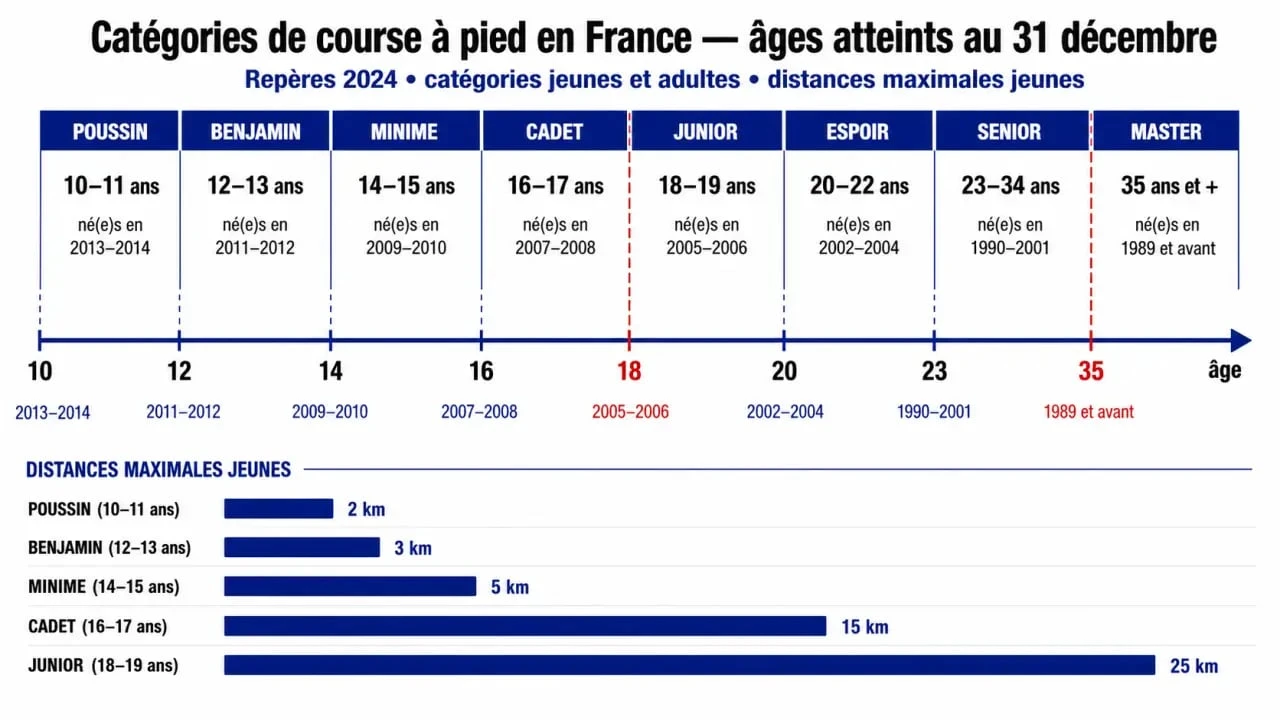 Catégorie course à pied 2024 : frise des âges et distances maximales