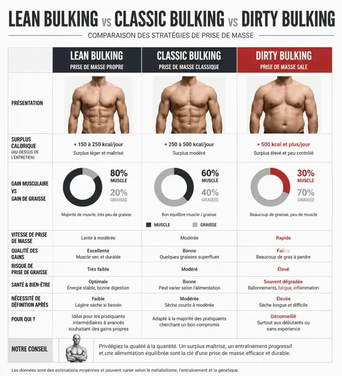 Tableau comparatif des méthodes de prise de masse musculaire : lean bulking, classique et dirty bulking