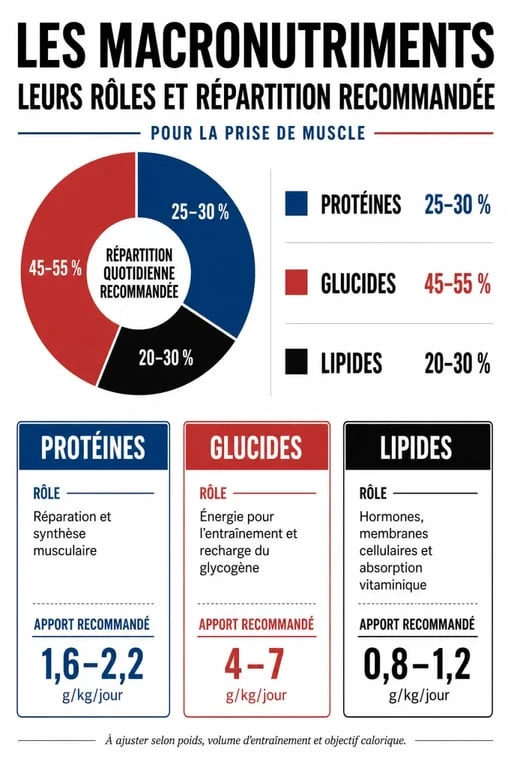 Infographie sur la répartition des macronutriments pour une prise de masse musculaire efficace