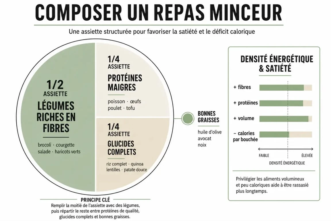 Infographie sur que faut il manger pour perdre du poids avec une assiette minceur équilibrée