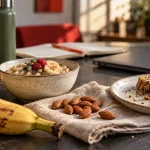Aliment qui donne de l energie rapidement : banane, flocons d’avoine et amandes au bureau