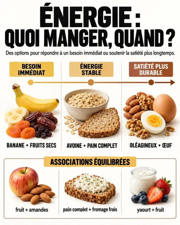 Infographie sur un aliment qui donne de l energie rapidement et les collations qui prolongent la satiété