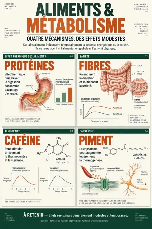 Infographie scientifique sur les aliments qui boostent le métabolisme et leurs effets réels