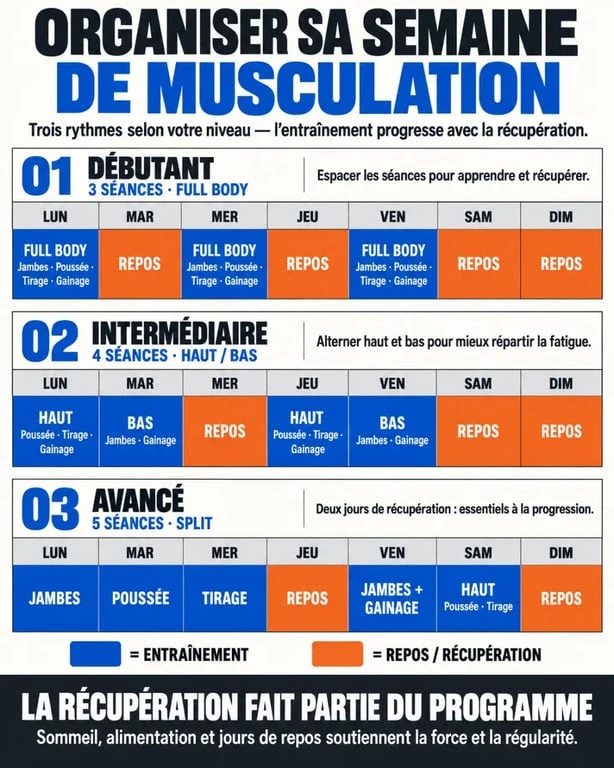 Programme musculation pour une semaine avec répartition des séances et jours de récupération