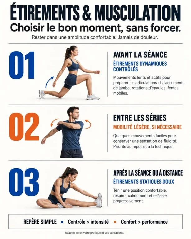 Infographie sur les étirements musculation selon le moment de la séance