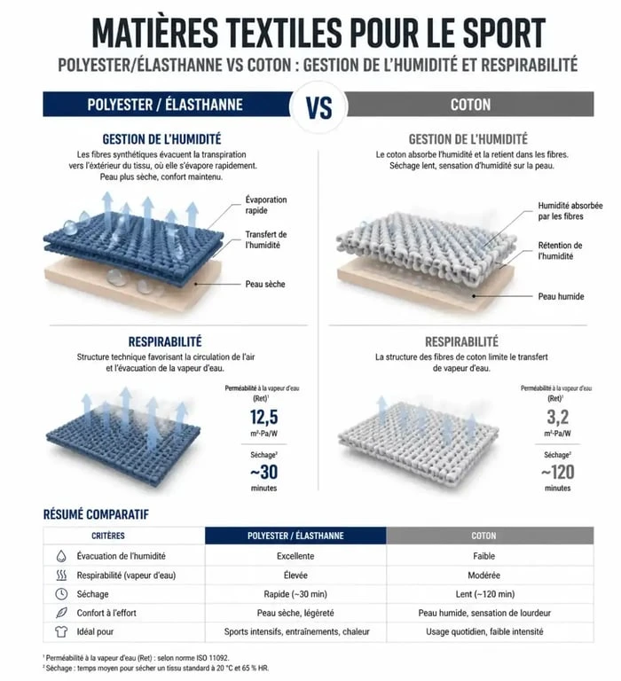 Comparaison des matières techniques pour vetement musculation pour homme : polyester contre coton.