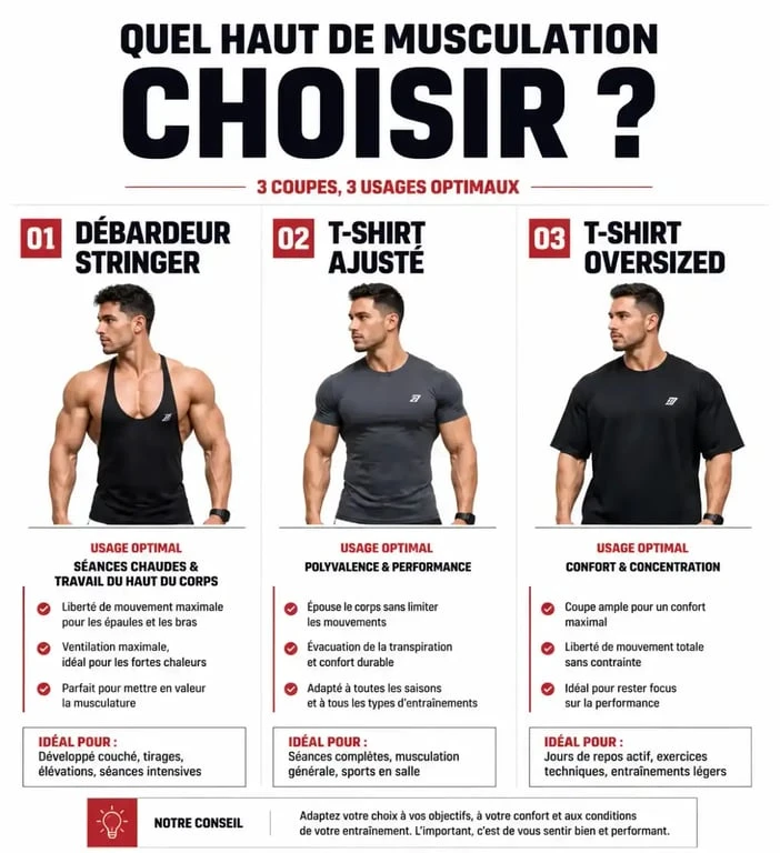 Comparatif des coupes de vêtements de musculation pour homme : stringer, ajusté et oversized.