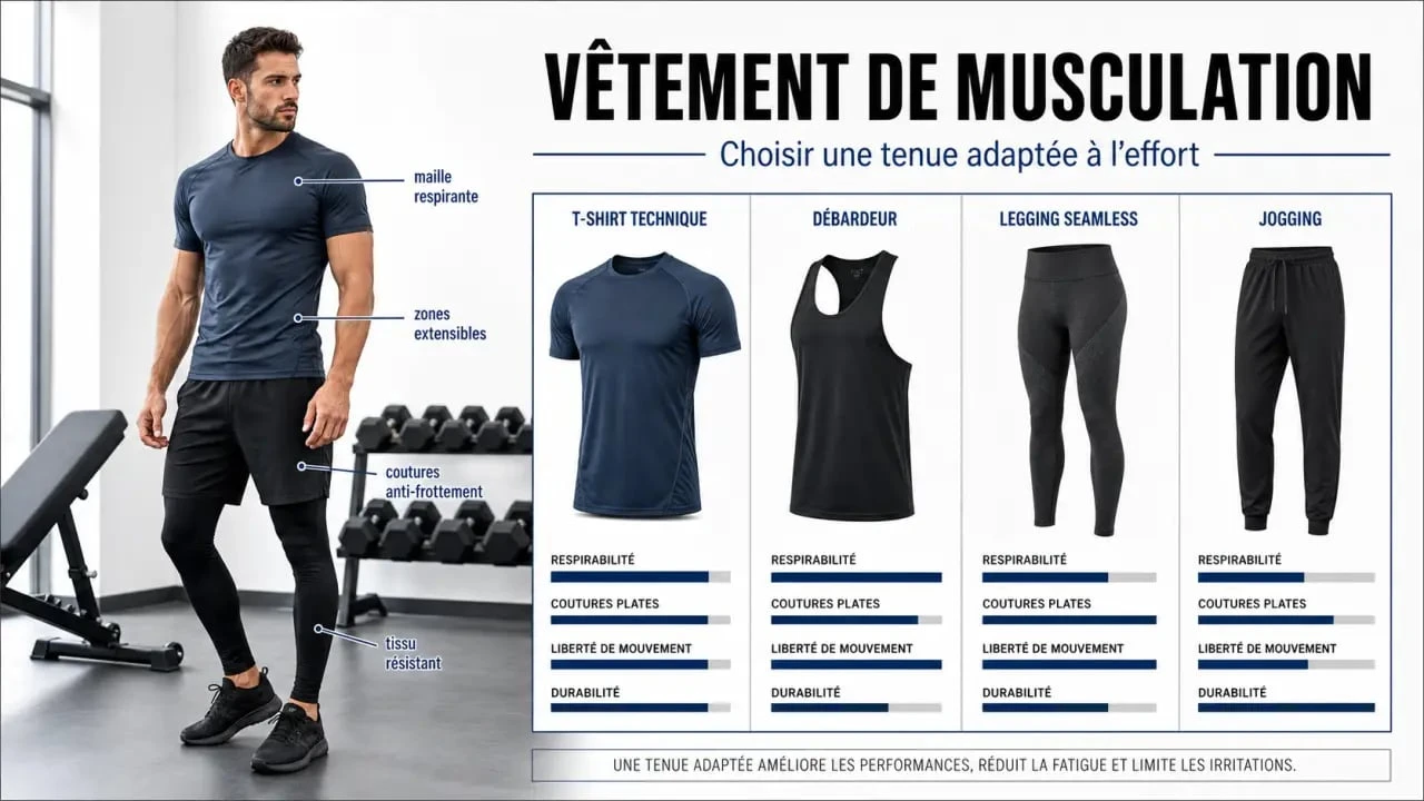 Vêtement musculation : visuel comparatif des matières et des coupes pour l'entraînement