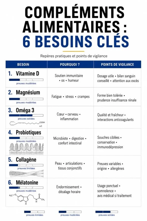 Les meilleurs compléments alimentaires : infographie comparative des besoins, actifs et points de vigilance