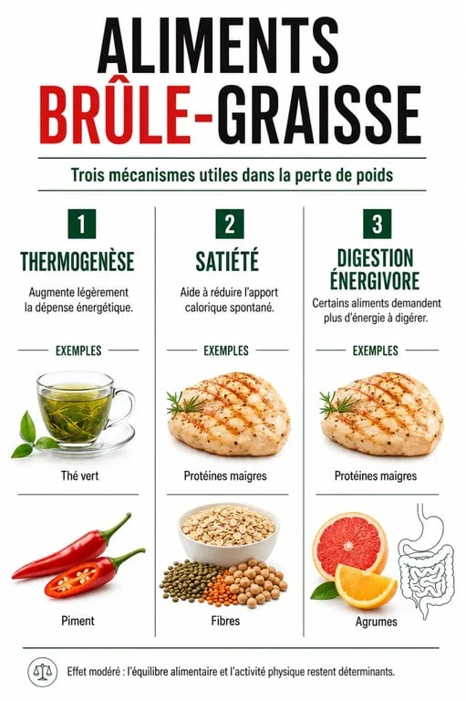 Aliments brûle graisse : infographie des aliments et des mécanismes qui soutiennent la satiété et la thermogenèse