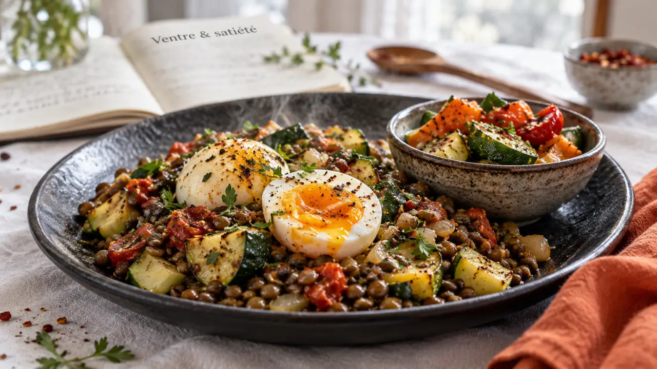 Aliment pour perdre le ventre : assiette de lentilles, courgette et œufs pour la satiété
