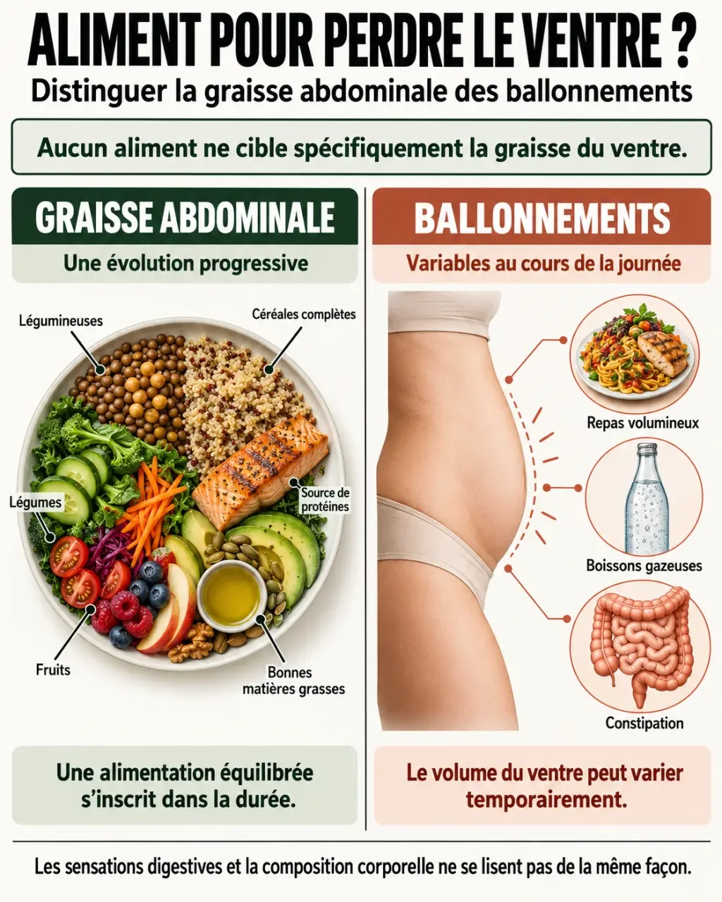Infographie sur les aliments pour perdre le ventre et la différence entre graisse abdominale et ballonnements