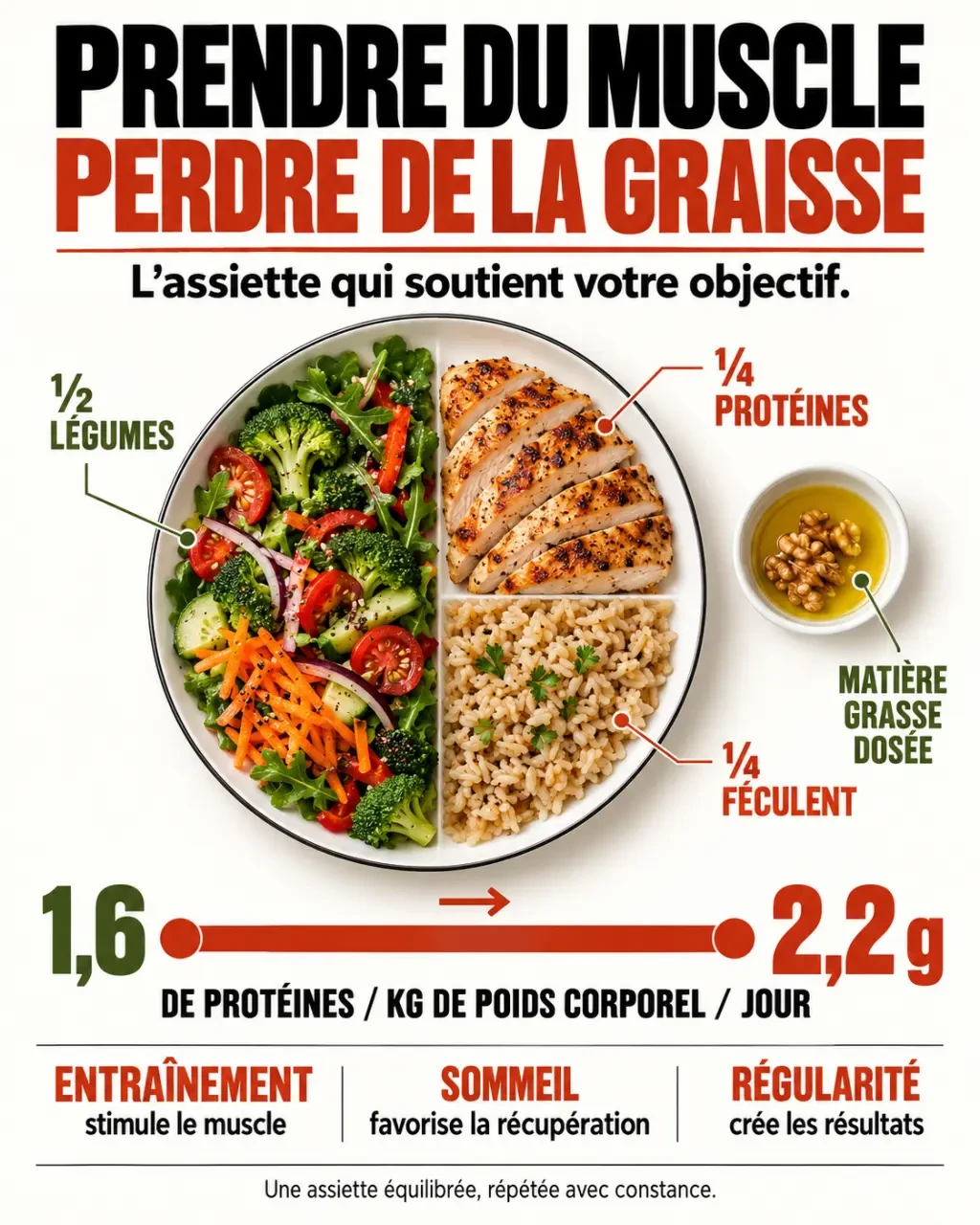 Infographie sur l’alimentation pour prendre du muscle et perdre de la graisse avec protéines, glucides, légumes et lipides