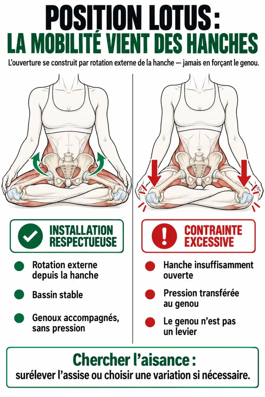 Schéma des hanches et des genoux dans la position lotus