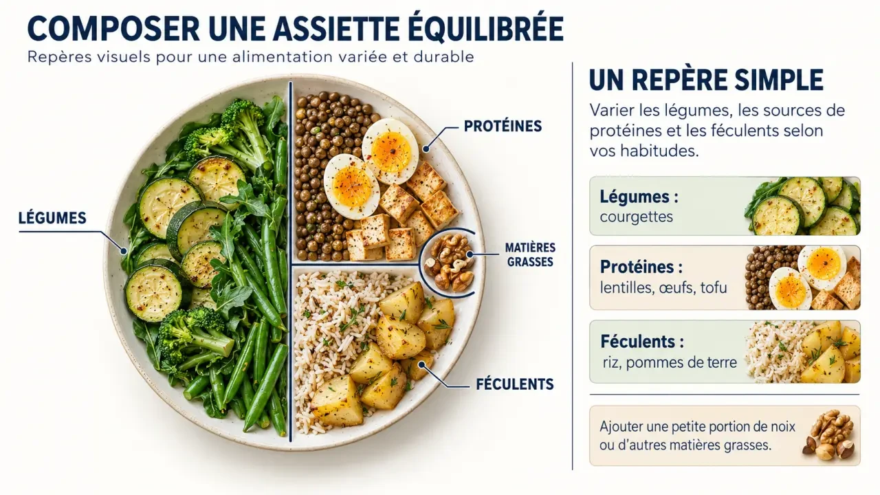 Infographie d’un plan alimentaire pour perte de poids avec une assiette équilibrée, légumes, protéines et féculents