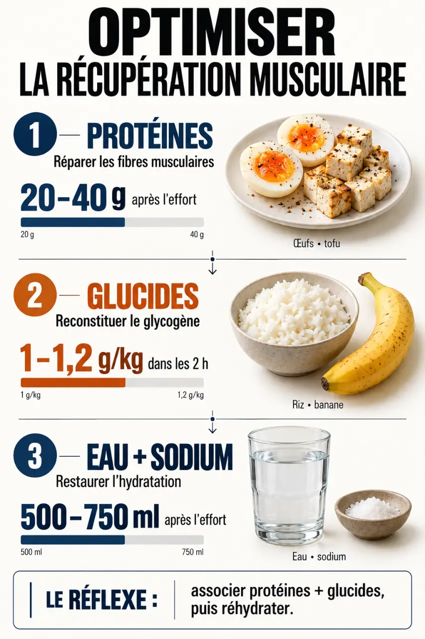 Infographie pour optimiser sa récupération musculaire grâce à une alimentation adaptée avec protéines, glucides et hydratation