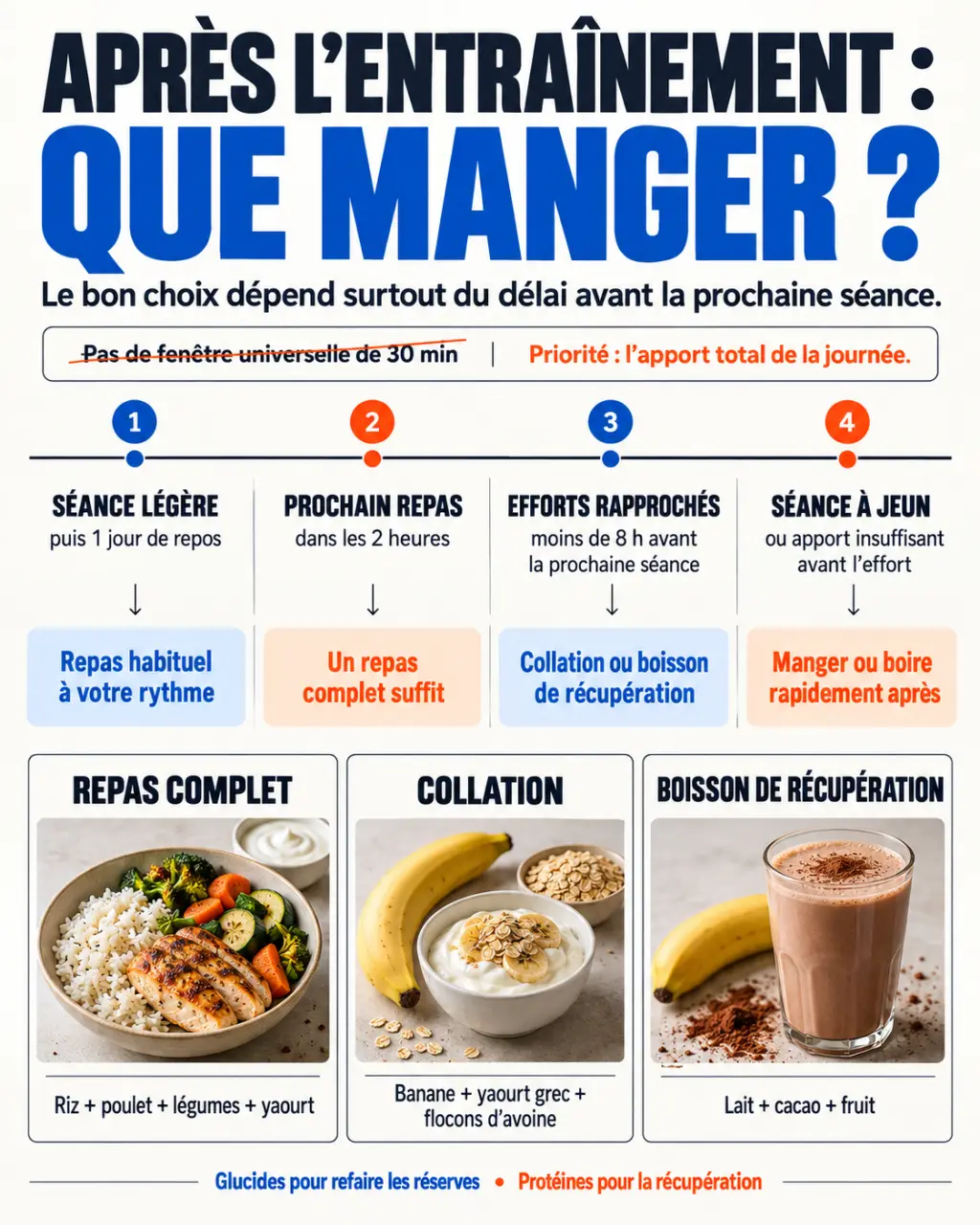Infographie sur le timing pour optimiser sa récupération musculaire grâce à une alimentation adaptée